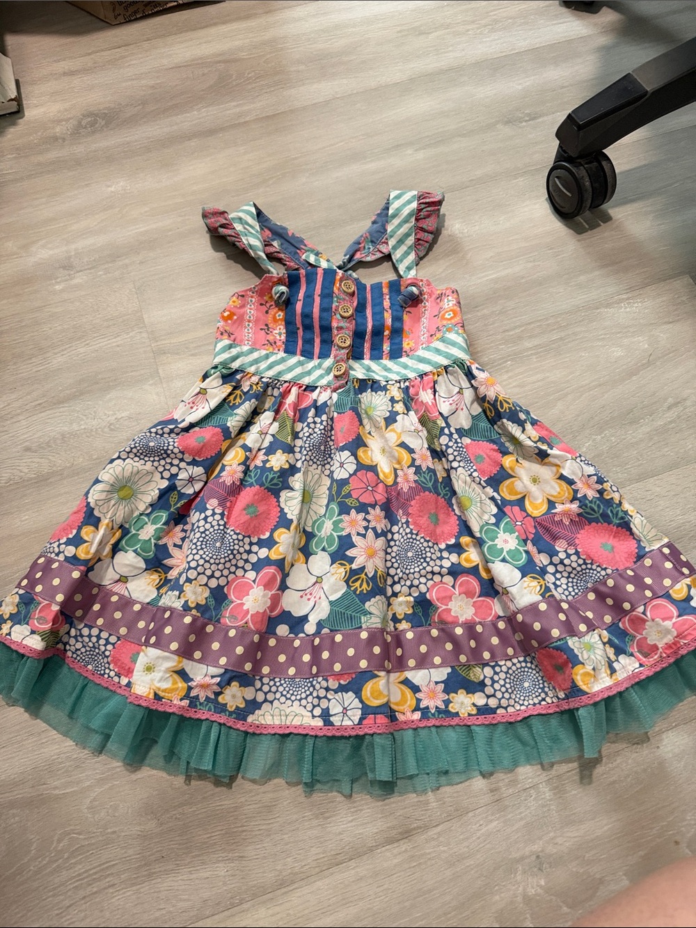 Matilda Jane Navy Floral Tie-Shoulder Sundress with Teal Tulle size 4